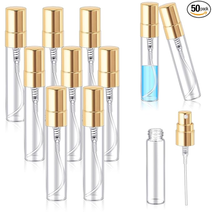Zhehao 50 Pcs Mini Spray Bottles 5 ml Clear Glass Perfume Bottles Refillable Fine Mist Perfume Atomizer Portable Empty Sample Containers for Cleaning, Essential Oils, Travel (Gold Cap)