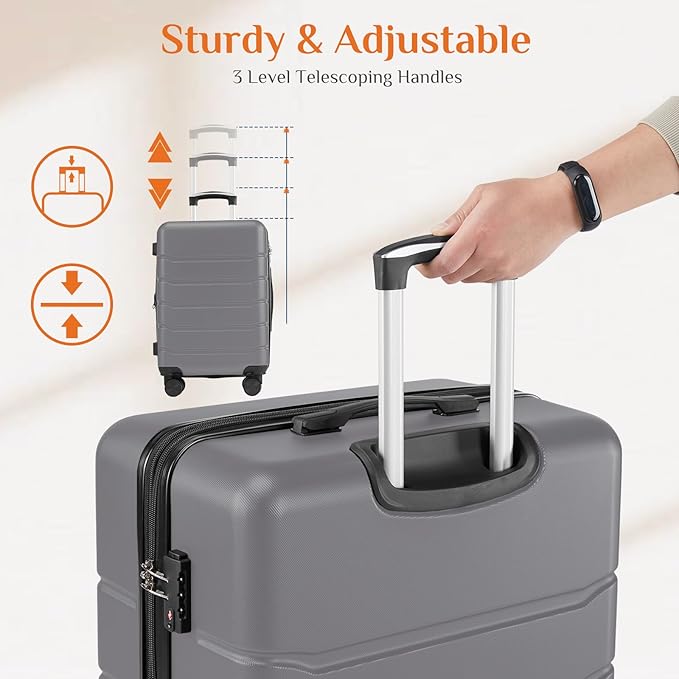 Sweetcrispy 3 Piece Luggage Set, ABS Hard Shell Carry On Suitcase with Smooth Spinner Wheels and TSA Lock, Lightweight Rolling Travel Luggage 20/24/28 Inch for Travel Business Vacation, Dark Grey