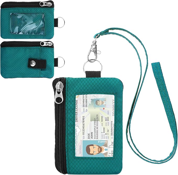 Minimalist Small Wallet for Men Women with 2 Zip Pockets, Multi Functional ID Case with Keychain and Card Holder, Coin Purse Badge Lanyard Pouch for Boys Girls Travel - Peacock Blue