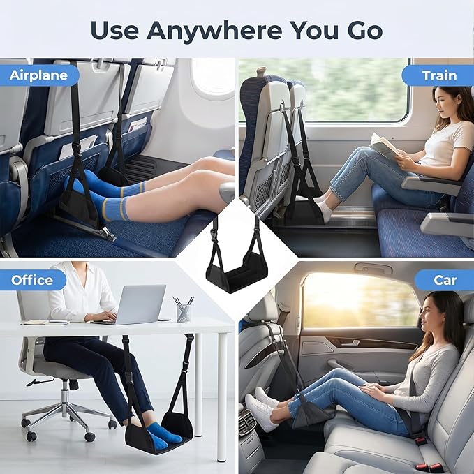 Airplane Foot Rest Hammock, Adjustable Thick Board Foot Support, Portable Travel Footrest for Long Flights, Office Desk & Car Use (Black)