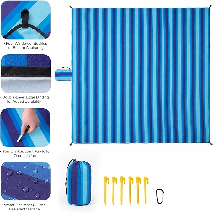 OIGAE Family Beach Blanket, 7×8 ft Sand-Free Picnic Mat for 1–4 People, Quick-Dry Lightweight Outdoor Blanket with Stakes & Corner Pockets, Blue Stripe