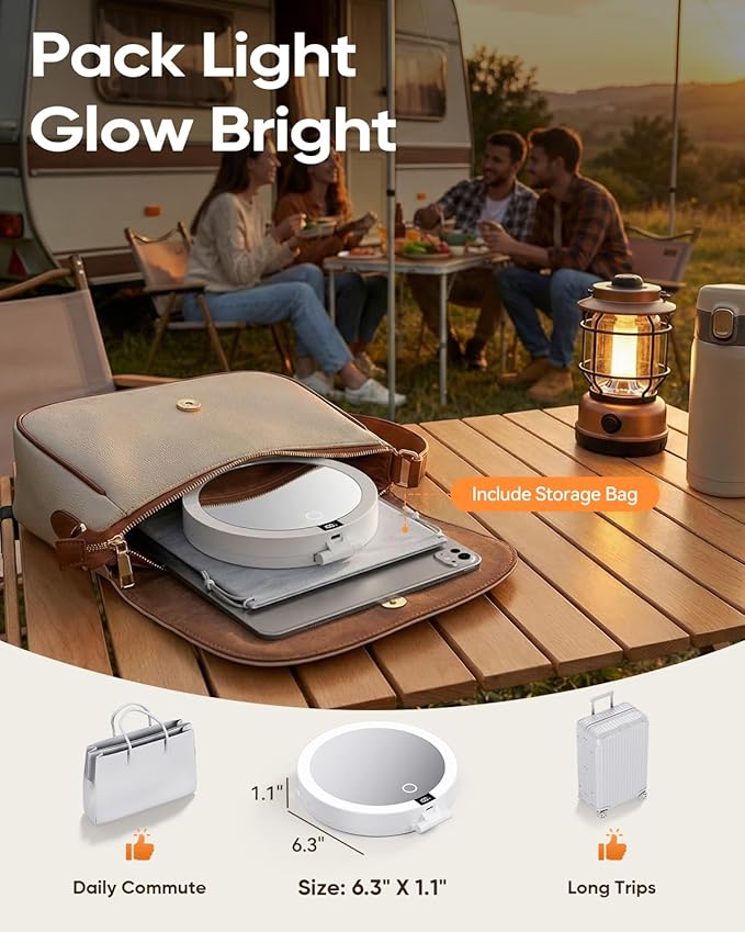 Travel Makeup Mirror with Lights (Gen 3) - 20X/1X Dual Sided Magnifying Mirror with Digital Power Display - Rechargeable, 3 Color Dimmable, CRI 95+ - Portable Folding Mirror for Desk & Travel