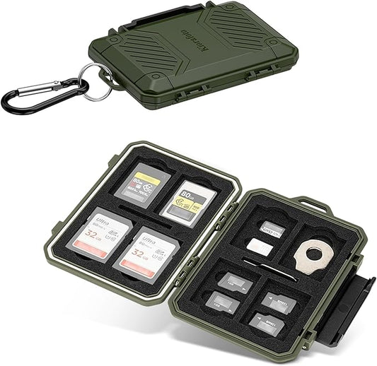 Memory Card Case with 18 Slots, IP67 Waterproof Anti-Shock Travel Camera Memory Card Holder for 8 SD SDHC SDXC Cards & 4 MicroSD TF MSD & 4 CFexpress Type-A Cards & 2 Nano SIM Storage - Green