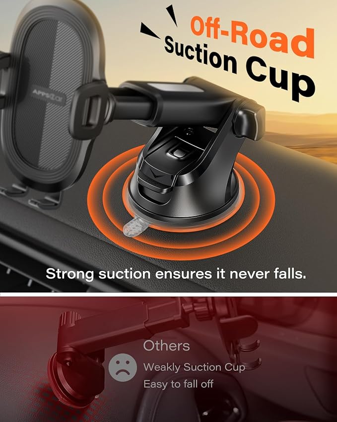 APPS2Car Car Phone Mount with Suction Cup, Universal Windshield Dashboard Holder with Sticky Gel Pad, Compatible with iPhone 17/16/15/14/13, Samsung, Most Smartphones