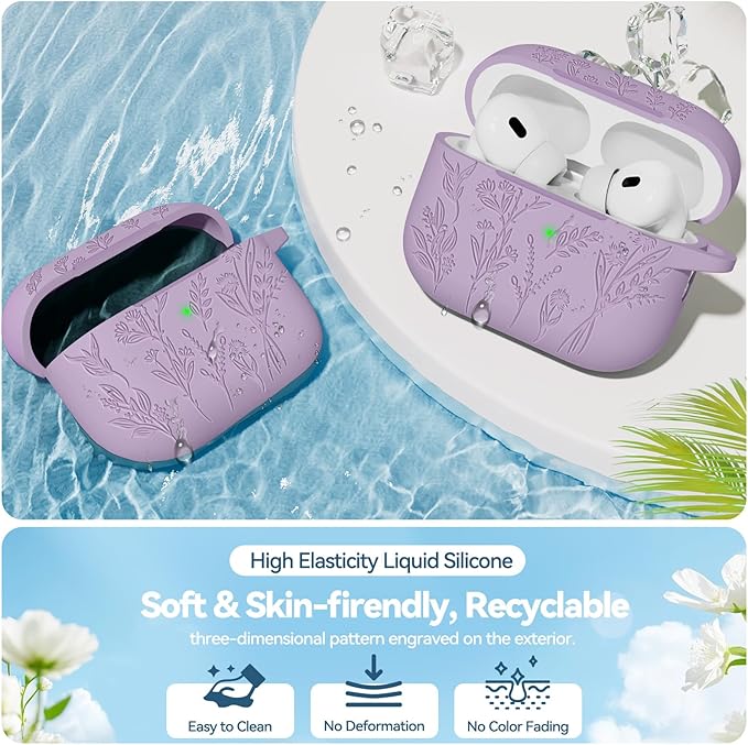 for AirPods Pro 2 Case, Ekoonpft Silicone AirPod Pro Cases with 3-in-1 Cleaning Kit & Keychain, Flower Engraved Cover for Apple AirPods Pro 2nd/1st Generation, Shockproof & Anti-Scratch