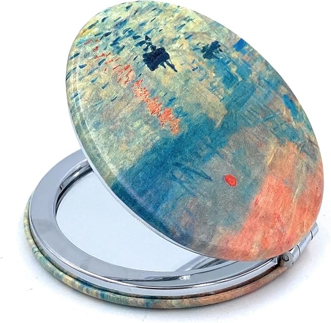 Compact Mirror Magnifying Makeup Mirror Pink Pocket Mirror Vintage Small Gifts for Women Claude Monet Art Prints Sunrise Artistic Makeup Gift, Diameter 2.75 x 0.4 Thickness