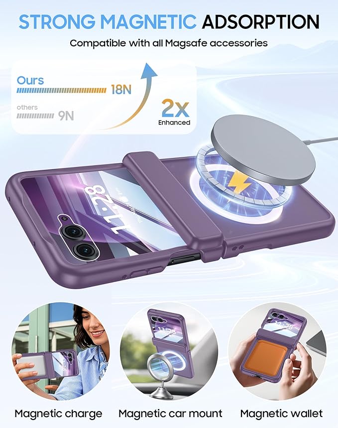 Magnetic for Motorola Razr+ Plus 2026,Razr+ 2025/2024 Case,Hinge Protection, Screen Protector, Compatible with MagSafe, Translucent Frosted, Shockproof Cover for Razr+ 2026/2025/2024-Purple