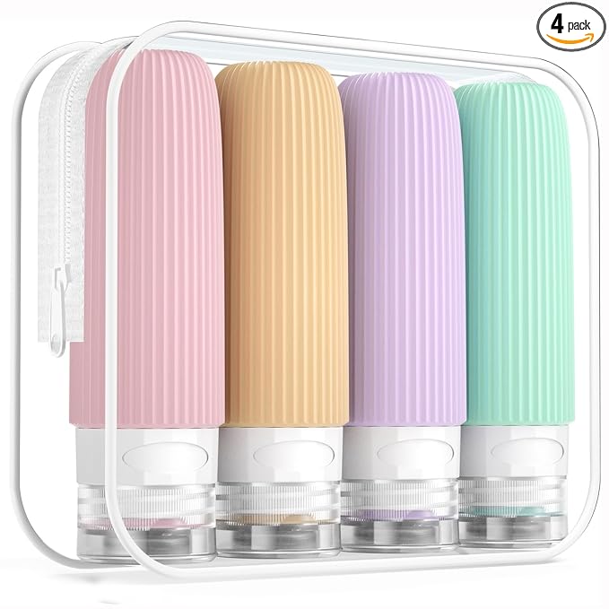 Mrsdry Travel Bottles for Toiletries, Tsa Approved 3oz Portable Travel Bottles, BPA Free Leak Proof Squeezable Silicone Travel Size Containers, Travel Accessories with Clear Toiletry Bag (4 Pack)