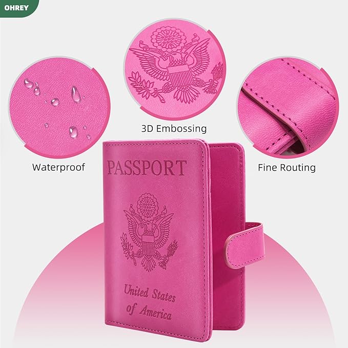 2 Pack Passport Holder for Travel with Luggage Tag Cover – RFID Blocking Passport Wallet Holder for Women & Men | PU Leather Passport Case with Money Pocket & Magnetic Clasp, Blac & Pink