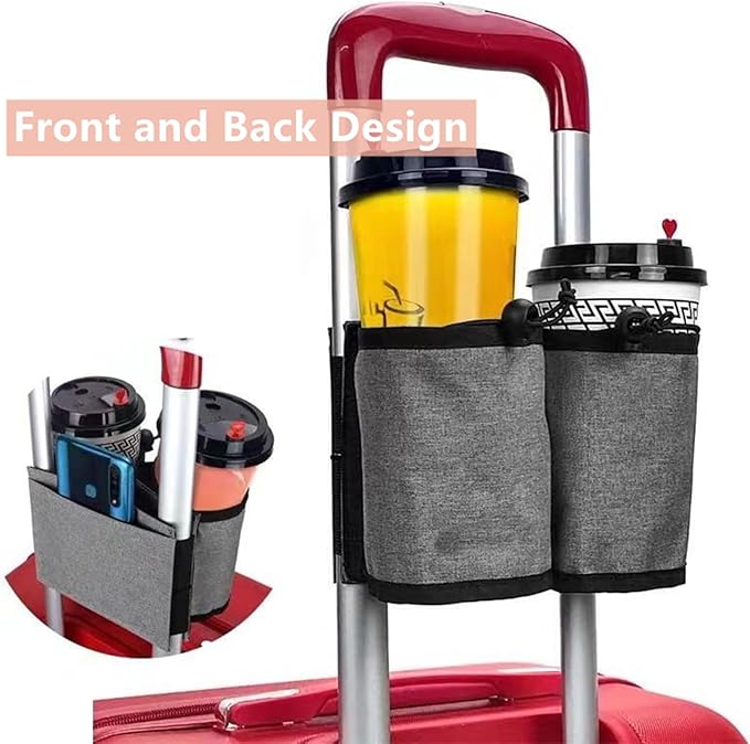 Luggage Travel Cup Holder - Hands-Free Double Coffee Carrier for Suitcases, Ideal for Flight Attendants, Business Trips, Airport Transfers & Train Journeys (Grey)