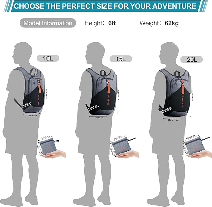 FIORETTO 20L Hiking Backpack for Women Men Mini Packable Backpack Lightweight Small Daypack for Camping Travel Outdoor, Grey and Black
