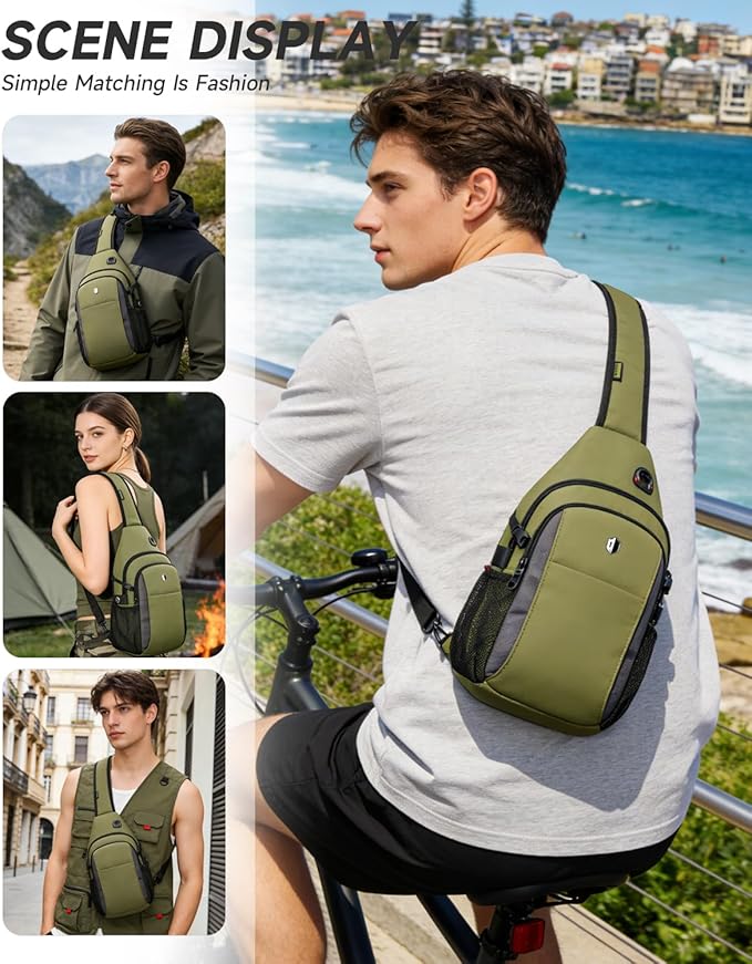 Tactical Sling Bag for Men, Expandable Army Green Chest Pack with Water Bottle Pocket & Earphone Port, Crossbody Backpack for Hiking, Travel & Outdoor, Fits Switch 2, 11 inch iPad | Mens Crossbody Bag