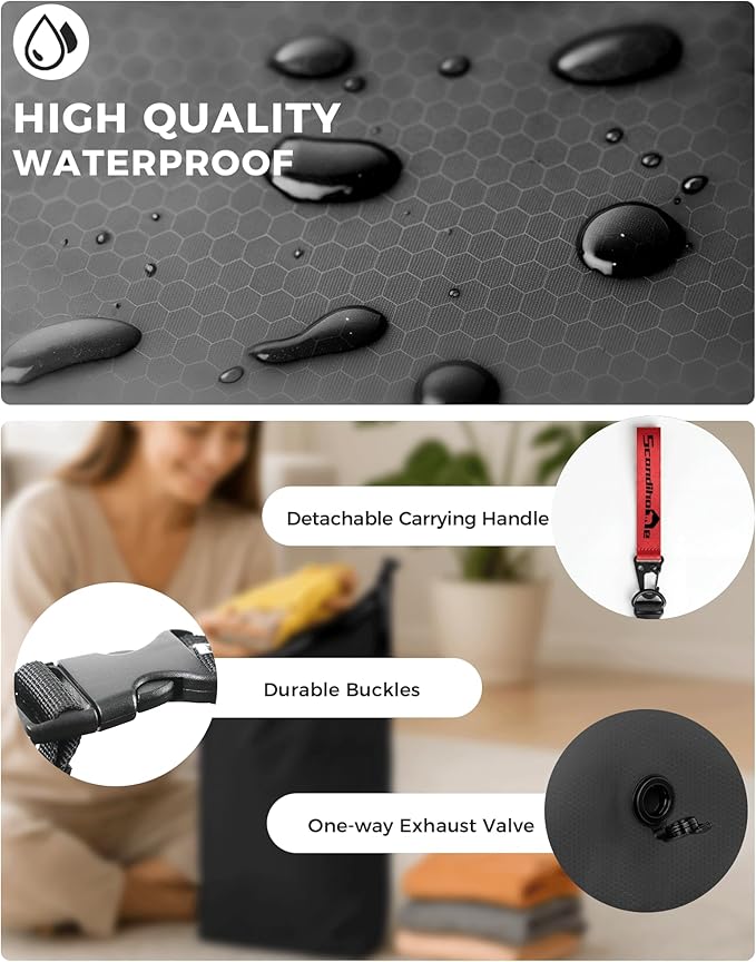 Travel Compression Laundry Bag, Pump-Free Vacuum Space Saver Bag for Dirty Clothes, Reusable Waterproof Wet Dry Bag, Travel Laundry Bag for Luggage, Packing, Suitcase (1 Pcs)（Black, L)