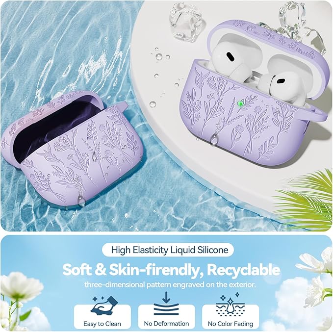 Flower Engraved Case for Apple AirPods Pro 2 Gen with Clean Kit,Soft Silicone Protective Case Cover for AirPod Pro 2nd/1st Generation Keychain,Lanyard,3 Pair Ear Tips,Front LED Visible,Pastel Lilac