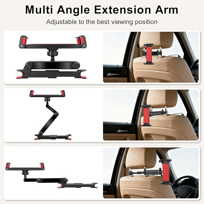 Tablet Holder for Car Headrest, Adjustable 360° Rotating Car Tablet Mount, Car Back Seat Stand for iPad, Road Trip Essentials for Kids, Compatible with 5.2-10.3" iPad Pro, Air, Mini, Galaxy