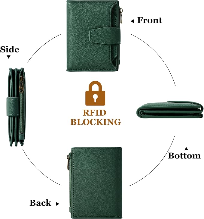 Airkit Small Wallet Women RFID Blocking Soft Leather Bifold Compact Card Holder Wallet for Women with Zipper Coin Pocket 4 ID Window