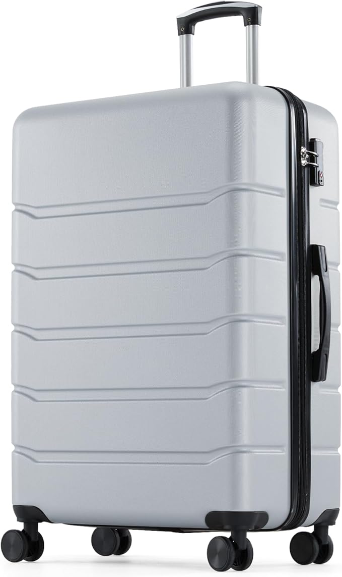NEWBULIG 28 Inch Checked Luggage, ABS Hard Shell Lightweight Rolling Expandable Suitcase with Smooth Spinner Wheels and TSA Lock for Business Trips and Daily Vacations, Light Grey