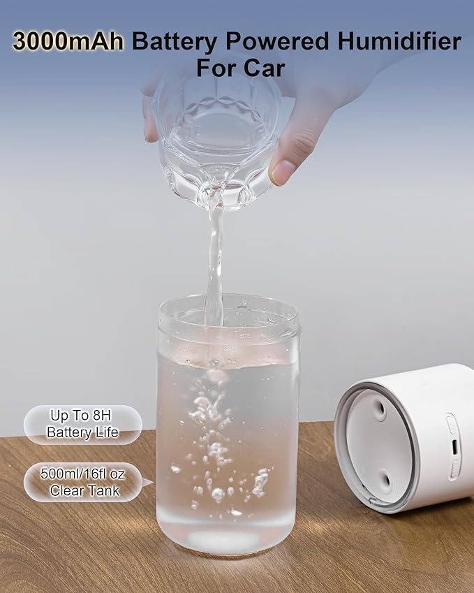 2025 Digital Display Car Humidifier, 3000mAh Portable Mini Rechargeable Humidifier for Car Travel Office Desktop Baby Kids Bedroom - Powerful Dual Spray Timer Setting 20dB Quiet Night Light