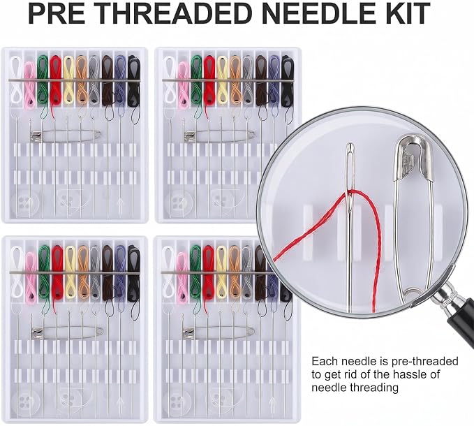 4 Pack Mini Sewing Kit Travel Size, Prethreaded Sewing Kits, Portable Needle and Thread Set with Pin Button for Travel, Home, Dorm, Hotel