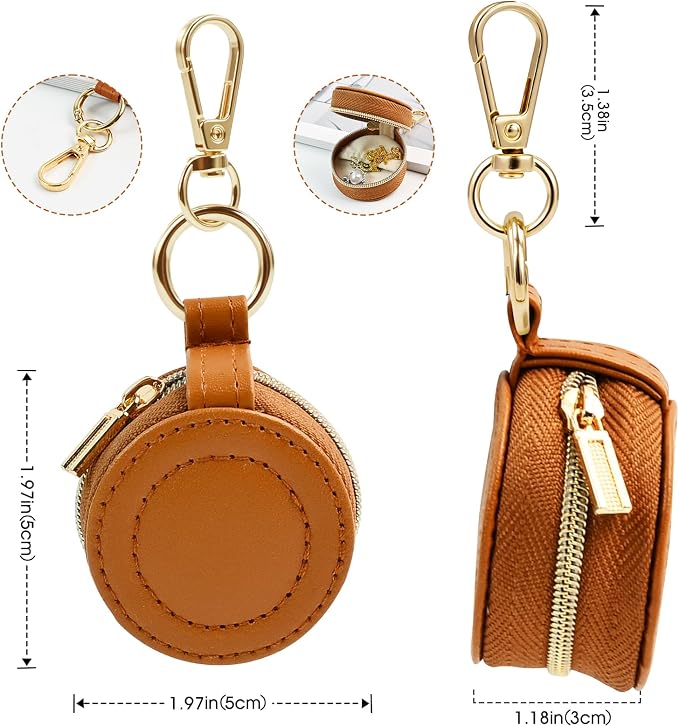 Portable Ring Keychain Holder for Gym and Travel - Jewelry Holder for Sports Bag, Compact Ring Earring Necklace Storage Case (brown)