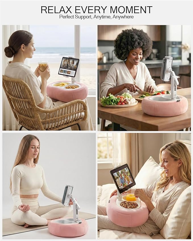 Tablet Pillow Stand, Compatible with 5"-12.9" Kindle, iPad, Phone/Tablet, Google, Samsung, 360° Rotating Phone Holder for Bed, Soft Plush Fabric, Detachable Bowl, Reading and Relaxation on Bed, Pink