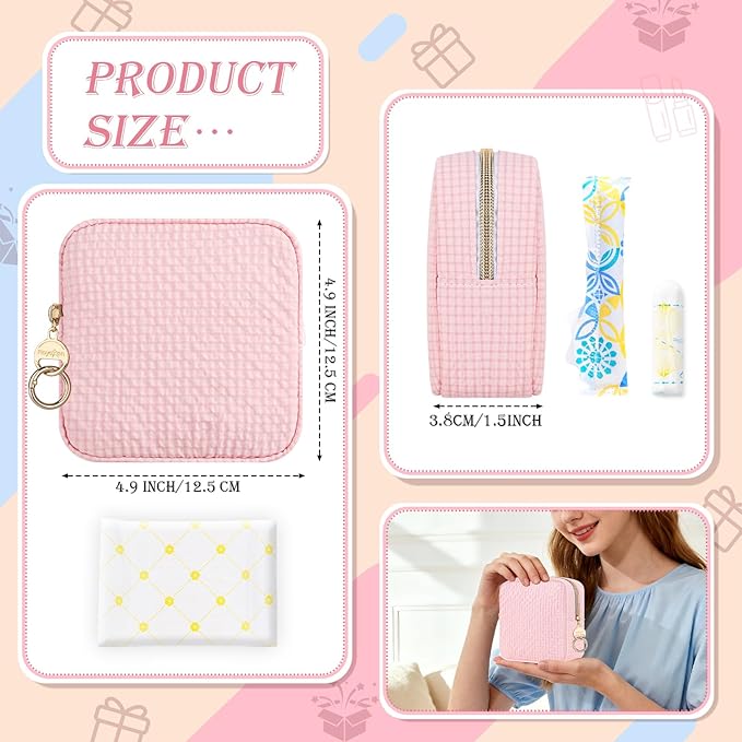 Plaid Period Bag, Small Period Pouches for Teen Girls, Quilted Sanitary Napkin Storage Bag, Compact Discreet Pad and Tampon Holder for Purse (Mini Plaid-Beige)