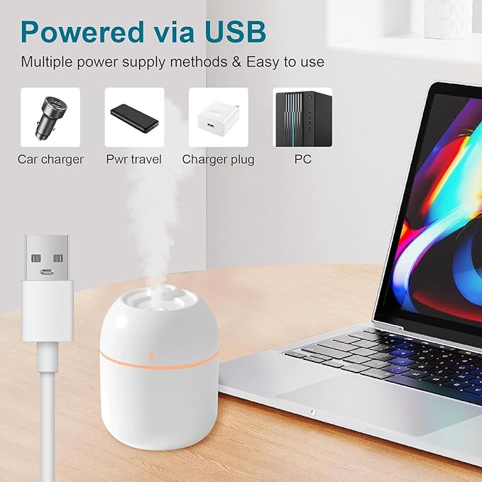 Portable Mini Humidifier Small Cool Mist Humidifier Personal Desktop USB Powered Super Quiet for Travel Car,Office,Baby Bedroom, Night Light, 2 Mist Modes, Auto Shut-off