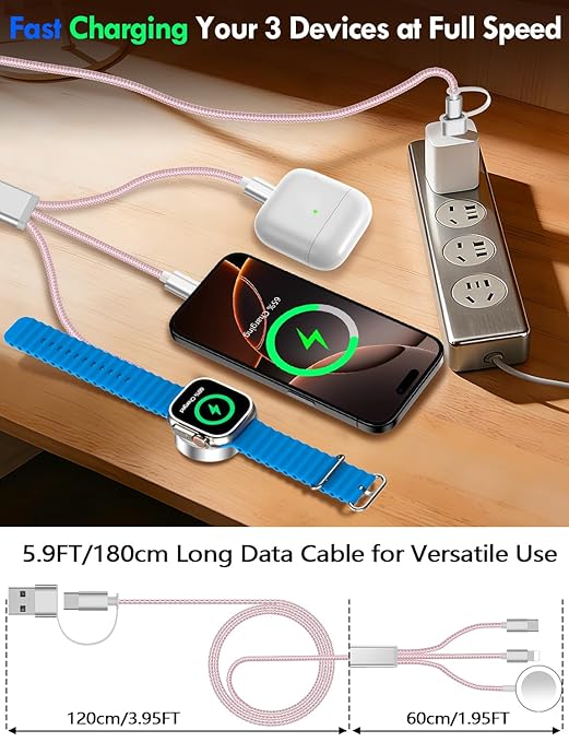 Travel Essentials for Apple Watch Charger,iPhone Charger,3 in 2 Type C/Lightning/Magnetic Travel Charging Cable,Portable Multi Charging Cable for Apple Watch, iPhone 17‑11,Samsung S26,Car,iPad-6FT