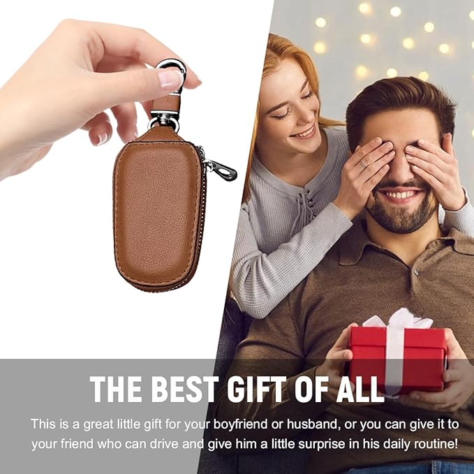 Yourkar 2 PCS Car Key Case, Genuine Leather Auto Key Fob Storage Bag, Key Chain Holder Key Ring Zipper Bag, Car Accessories (Brown)