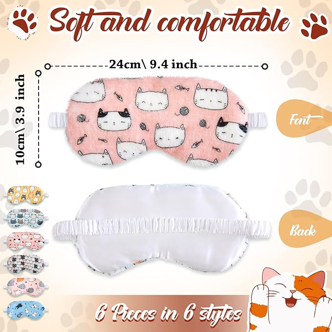 Cuffbow 6 Pack Plush Sleep Mask Set, Cute Plush Eye Masks for Sleeping, Soft Comfortable Travel Nap Blindfold, Sleepover Party Favors for Women(Cat,Colorful)