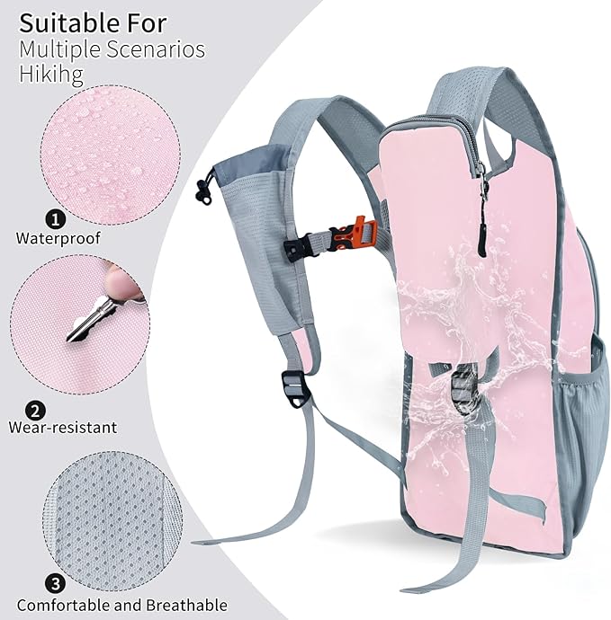 Hiking Backpack 10L/15L Small Daypack Lightweight Packable Travel Foldable Water Resistan for Women Men (Pink, 10L)