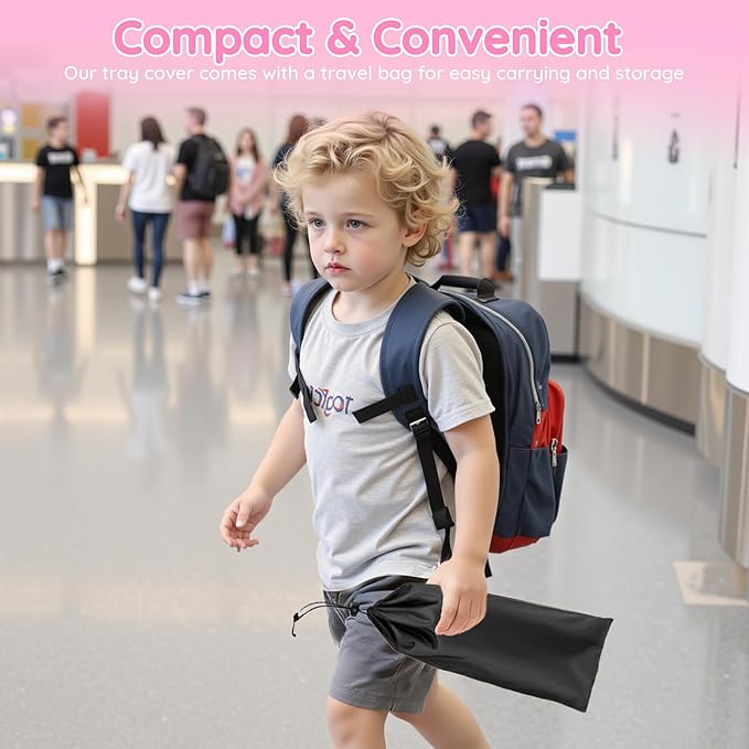 Kids Travel Tray Table Cover with Pockets – Airplane Essentials for Toddlers, Portable Activity Organizer for Plane, Train Car & Highchair, Machine Washable (Pink)