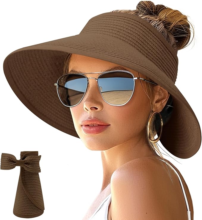 NPJY Sun Hats for Women Wide Brim Roll-Up Beach Ponytail Hat Packable Foldable Travel Straw Visor