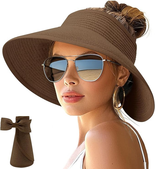 NPJY Sun Hats for Women Wide Brim Roll-Up Beach Ponytail Hat Packable Foldable Travel Straw Visor