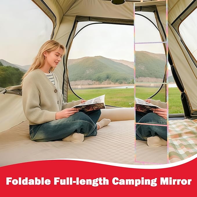 Foldable Full Length Mirror, 2 in 1 Hangable & Tabletop Acrylic Mirror, Portable Travel Mirror with Handle for Dance Bedroom Wardrobe Stage Makeup Checks Camping Outdoor Use (47" x 12.5", Four-Fold)