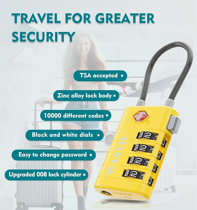 ANVIL TSA Approved Luggage Locks with Search Alert Indicator, 4-Digit Combination Suitcase Lock, Advanced TSA008 Core Heavy Duty Anti-Theft Travel Lock for Double Zippers, Backpacks
