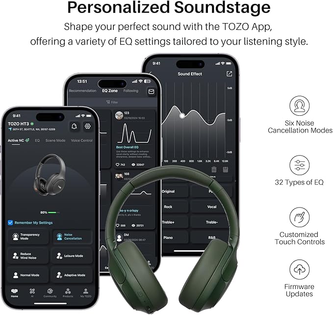 TOZO HT3 Hybrid Noise Cancelling Headphones, 90H Battery Life Wireless Over Ear Bluetooth 6.0 Foldable Headset, AI Voice Assistant with 5 Mics, Connect 2 Devices & Hi-Res Sound, 32 Audio EQ, with Case