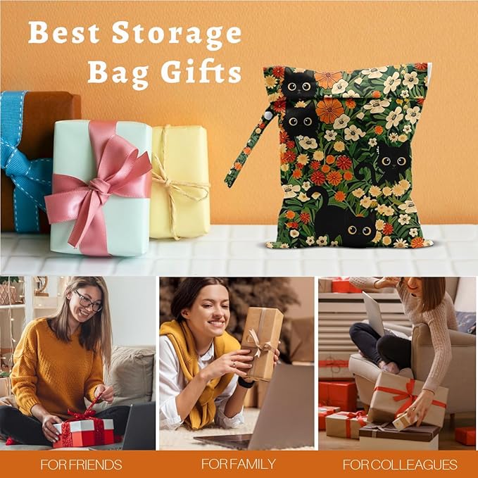 Black Cat Floral Wet Dry Bags Reusable Waterproof Wet Bags Swimsuit Bag Diaper Pouch for Travel Beach Gym Cat Gifts for Women Friend Travelers 10 x 13 Inches