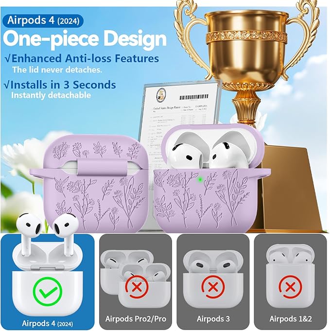 for Airpods 4 Case, Ekoonpft Flower Engraved Cases for Apple AirPods 4th Generation 2024, Soft Silicone Cover for Women Girly with 3-in-1 Cleaning Kit & Keychain, Anti-Scratch, Shockproof