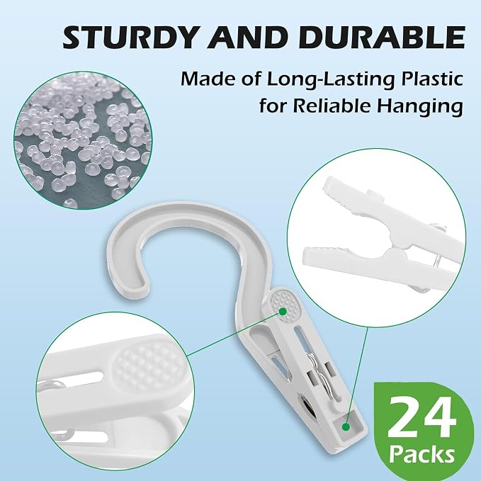24pcs Laundry Hooks Clip Plastic Clothes Hangers Pins Super Strong Hanger Clips for Bathroom Travel Portable,White