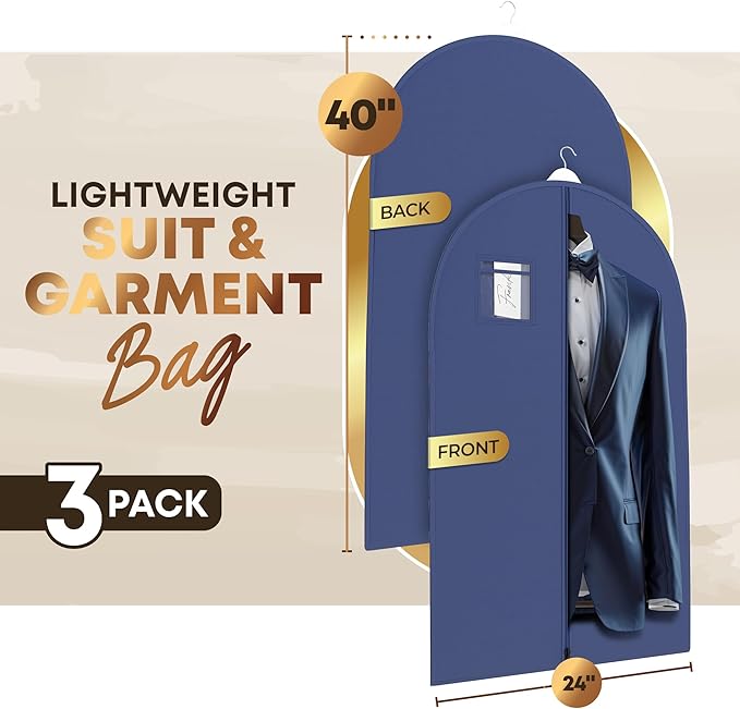 Your Bags Travel Garment Bag – Durable Zippered Single Suit Bag for Storage – Water-Resistant Clothes Cover - Hanging Garment Bags for Travel with ID Pocket – 40" x 24" - Blue (Pack of 3)