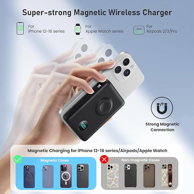 Ekrist Magnetic Portable Charger for MagSafe with Built-in Cable,iWatch Charger,Wireless Power Bank Travel Essentials,25W Fast Charging Battery Pack for iPhone 17/16/15,Apple Watch(Black,10800mAh)