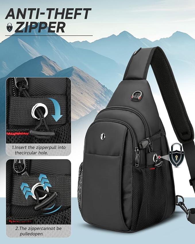 Anti Theft Sling Bag for Men, Expandable Crossbody Chest Bag with Water Bottle Pocket, Travel Sling Backpack Fits 11” iPad & Switch 2 for Commuting, Hiking, Daily Carry, Black | Mens Crossbody Bag