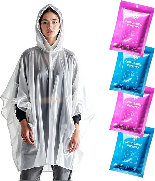 ZENO Disposable Rain Ponchos for Adults - Clear with Hood, Compact Emergency Ponchos for Hiking, Camping, Travel