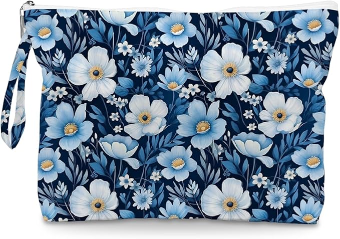 Fokongna Floral Print Wet Bag, Small Portable Waterproof Multi-Functional Organizer for Women, Ideal for Daily, Beach & Travel, Nautical Blue Daisy