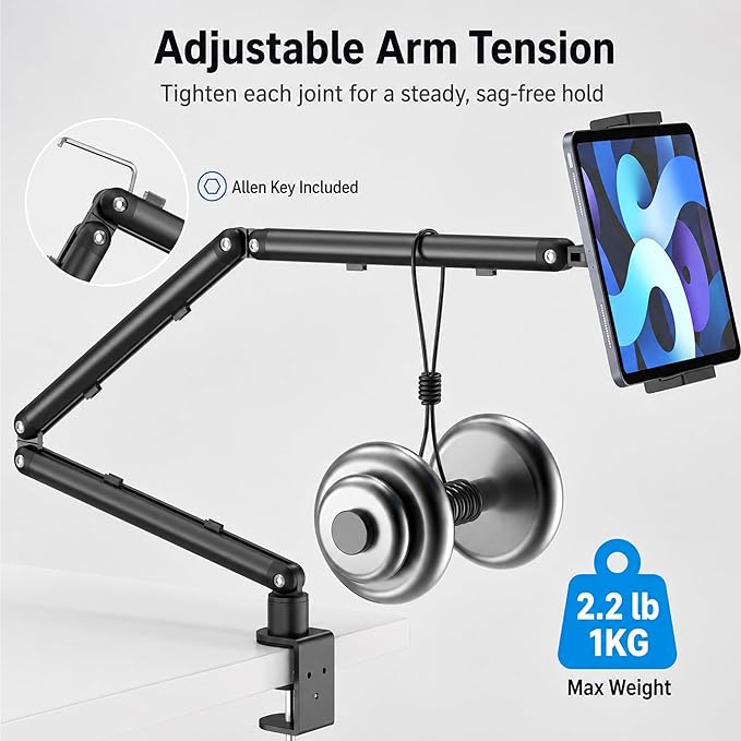 iPad Holder for Desk, Adjustable Tablet Arm iPad Desk Mount with C-Clamp, 30" Foldable Long Arm & 360° Rotation, Fits 4.7"–15.6" i Pad Pro/Air/Mini, Phones & 15.6" Portable Monitors for Desk/Bed Use