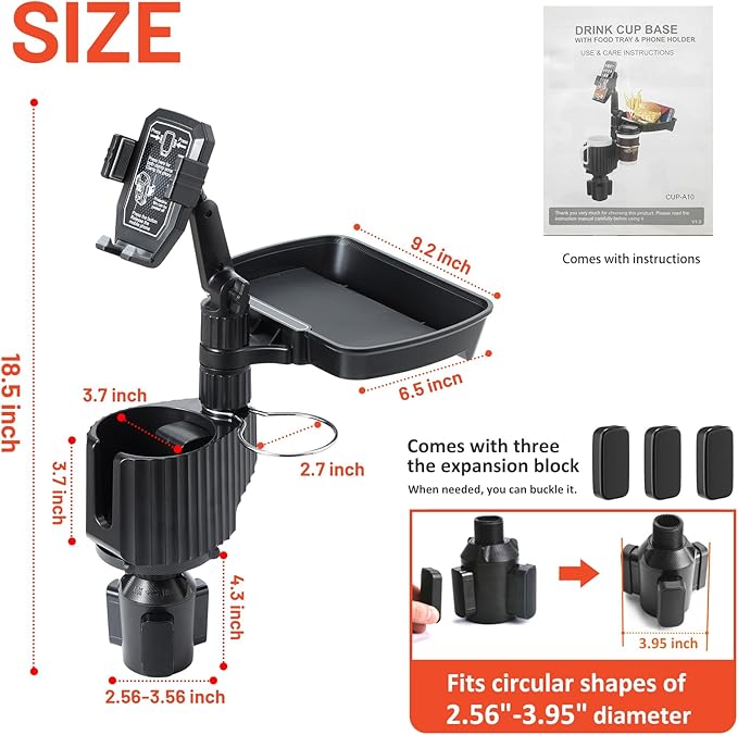 Car Large Cup Holder Expander, 4-in-1 Cupholder Extender with Phone Holder & Swivel and Detachable Snack Food Tray Table for Eating, Travel Essentials for Road Trips for Driver. Model F