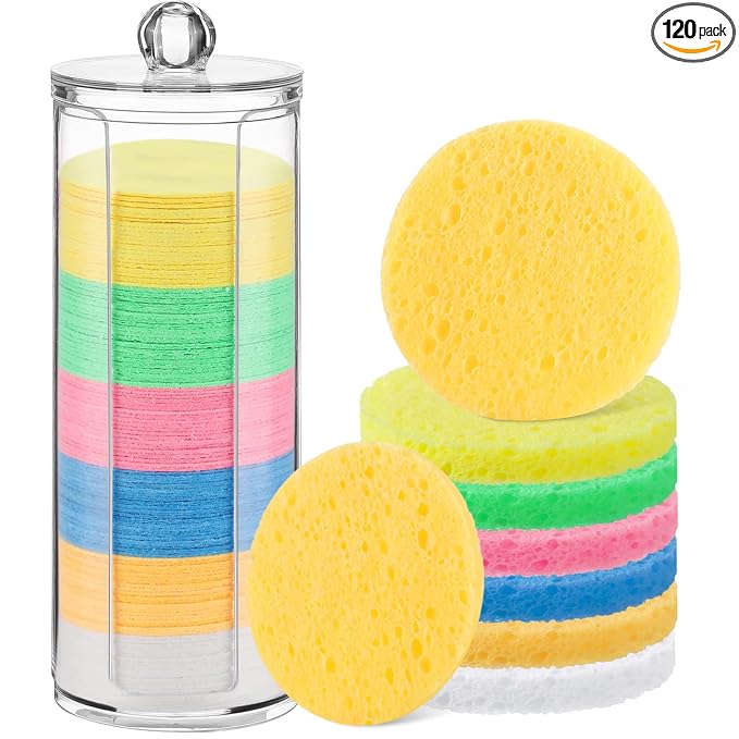 Sieral 120pcs Compressed Facial Sponges Disposable Natural Face Sponges Round Soft Pads with Container for Washing Face Cleansing Exfoliating Esthetician Makeup Removal Travel(Multicolor)