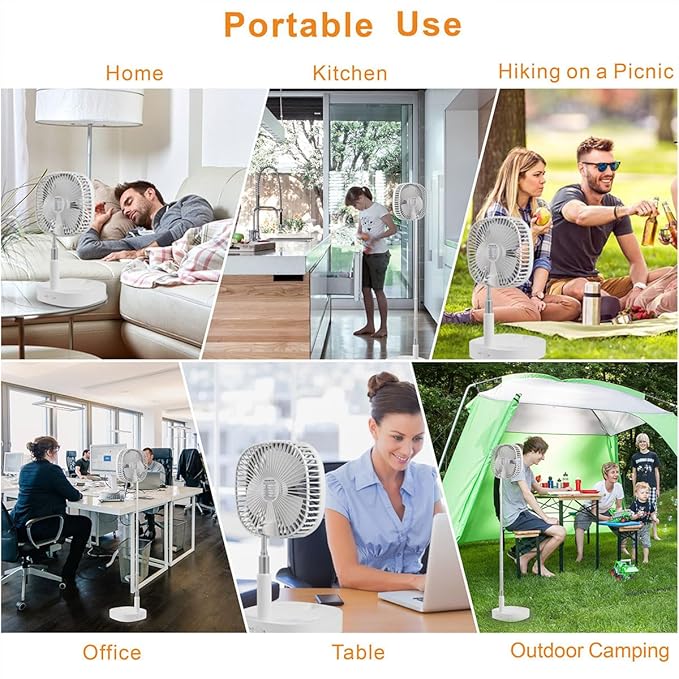 Magesh Portable Pedestal Fan - Foldaway Standing Fan Foldable Desk Fan, Use 7200Mah Rechargeable Battery, Remote Control Telescopic 4 Speed Quiet Timer Fan for Home Kitchen Outdoor Camping (Gray)