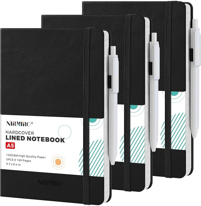 (3 Pack) Lined Journal Notebook with Pen, A5 (5.7"x8.4") Leather Hardcover Journaling Notebooks for Women Men Work, 160 Pages per Note Book, 100GSM Paper, School Office Supplies, Black